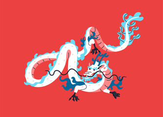 Oriental eastern dragon. Chinese New Year symbol. Asian lizard monster. Festive China animal. Fantasy orient east Zodiac character, magic mascot from Asia. Isolated colored flat vector illustration - obrazy, fototapety, plakaty