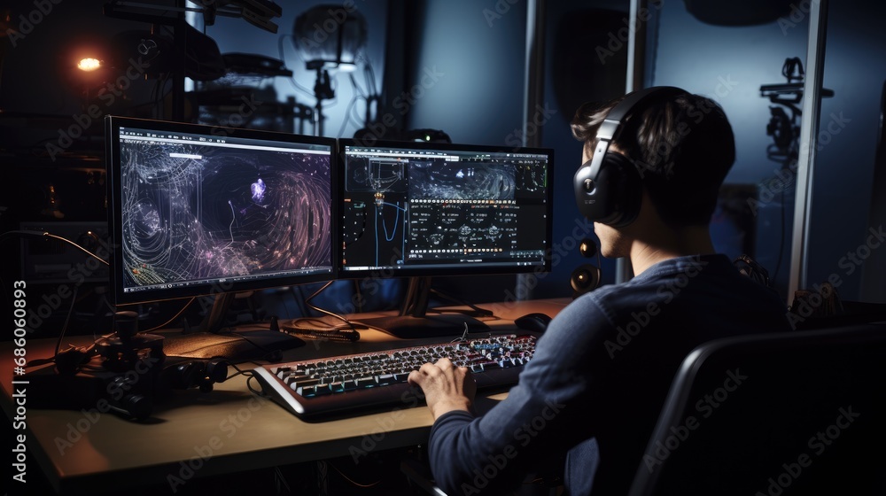 Fototapete professional digital artist intensely focused on creating visual effects on dual monitors in a dark 
