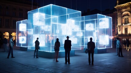 Spectators are captivated by a mesmerizing outdoor light installation composed of glowing blue...
