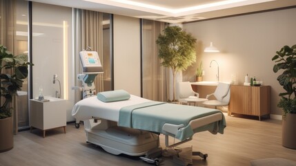 An elegant medical spa treatment room with neutral tones and soft lighting, featuring a comfortable treatment bed and green plants enhancing the relaxing atmosphere.