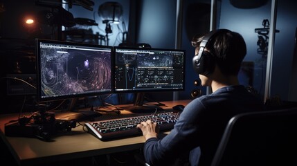 Professional digital artist intensely focused on creating visual effects on dual monitors in a dark studio environment, showcasing complex 3D modeling and rendering.