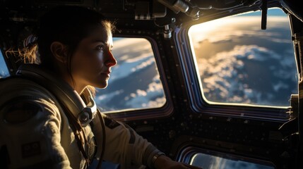 Female astronaut gazing out of a spacecraft window at the sunset over Earth, with reflections of clouds and light on the glass.