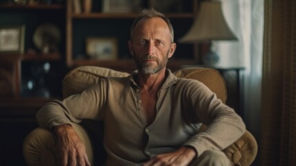 Obraz premium A gentleman seated in a minimalist Scandinavian interior.