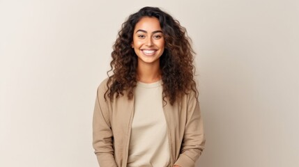 Fototapeta premium Multicultural beauty in a joyful pose against a light beige studio background.