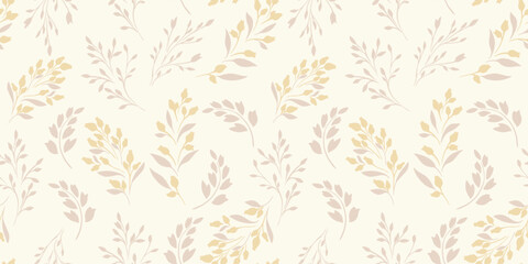 Simple seamless pattern with shape tiny branches leaves, buds with drops. Pastel gently beige floral print. Vector hand drawn sketch. Design for fashion, fabric, wallpaper. - obrazy, fototapety, plakaty