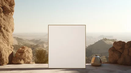 Foto op Canvas Dive into the expansive charm of nature with blank sheets of paper set against a breathtaking landscape background, offering a versatile mockup for design exploration. The lifelike image, captured wit © Mehreen