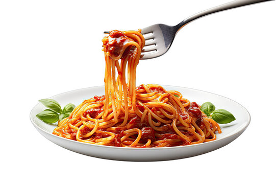 Delicious spaghetti with sauce linguine on a fork On Transparent Background