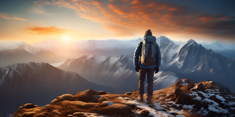 Hiker on the top of the mountain at sunset Travel and adventure concept 
 reaching the peak of a...