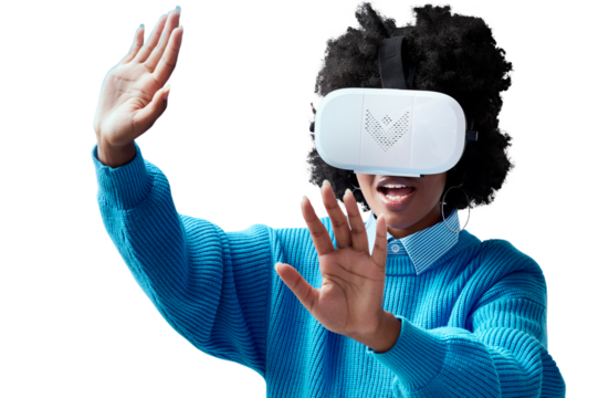 Isolated woman, virtual reality glasses and hands for 3d user experience by transparent png background. Girl, ar vision and metaverse for game, test and ui development for digital world for future
