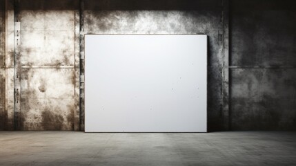 Step into the raw beauty of design with a blank white paper poster canvas adorning a grunge concrete room, presenting an enticing mockup template.