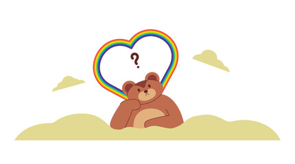 Obraz na płótnie Canvas Cute bear in clouds. Cartoon character with rainbow heart.