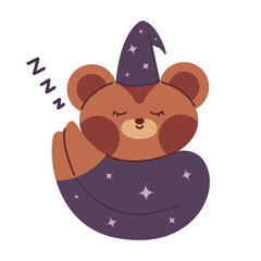 Sleepy bear in pajamas with sleeping hat in cartoon style on white background
