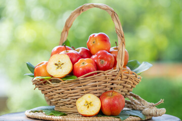 Red star apple in wooden basket on wooden table in garden, Star Apple with slices on blurred greenery background.	