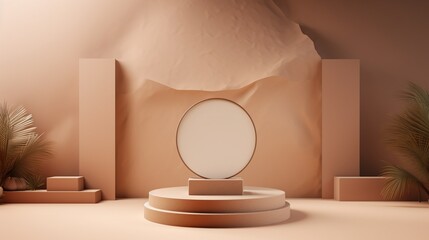 3D background products minimal podium scene, showcasing a beige pedestal in vector 3D ing. The stage showcase is designed for presenting cosmetic products in a realistic