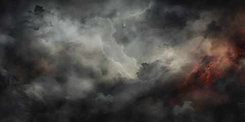 fire and smoke. Black watercolor background for textures  of thunderstorm and dark clouds  Thunderstorm dark gray storm with lightning Dark sky and black clouds before rainy. - obrazy, fototapety, plakaty