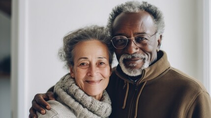 Smiling elderly pair embraces in their house.