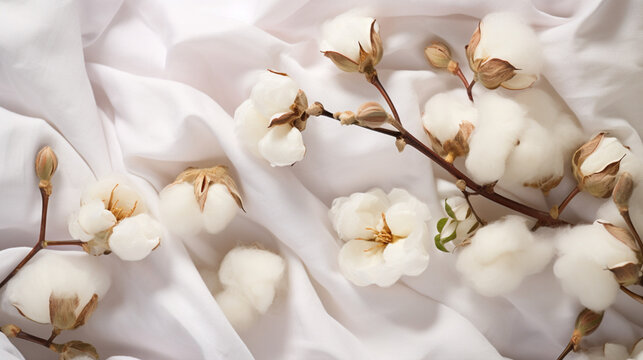 Cotton branch on a white material background
