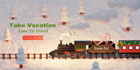 3d template design - Train and snowflakes, winter holiday, Time to travel web concept.
