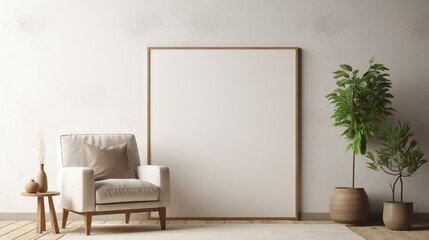 Dive into the simplicity of a canvas mockup within a minimalist interior background, adorned with an armchair and rustic decor.