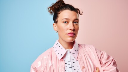Obraz premium This fashion-forward woman showcases diverse hairstyles and trendy clothing against a light beige-pink studio background.