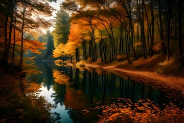 The forest path winding along the edge of a serene lake, with trees in their autumn glory, creating a harmonious blend of nature's beauty.