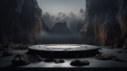  minimal black dark circle podium, set against a rough surface resembling a rock meteorite mountain. 