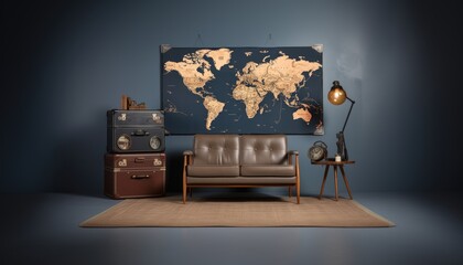 Sofa and luggages with a world map on the wall, backdrop for a traveller studio portrait