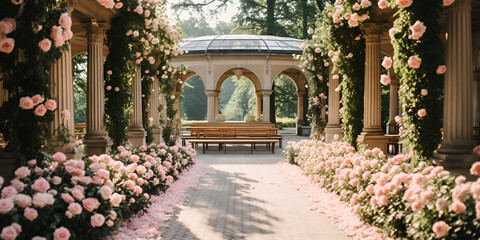Beautiful wedding ceremony design decoration elements with arch floral design flowers and chairs
Tranquil scene of a formal garden with green trees and pink flower.