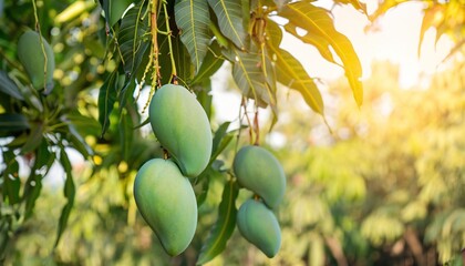 Closeup of mangoes hanging on the tree