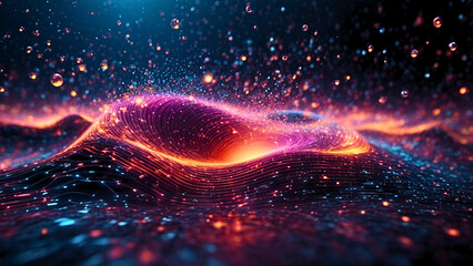 Futuristic wave particles glowing with line illuminated, depth of field and bokeh effect. Abstract background of science, virtual reality, technology concept