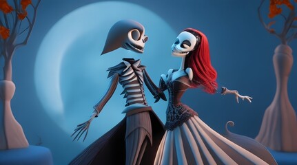 Skeleton and woman in halloween costumes. 3d rendering