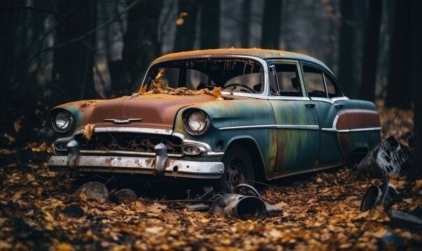 Fototapeta Abandoned Vintage Car Amongst Nature's Beauty