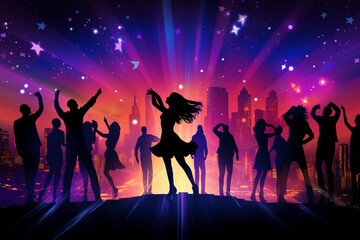 Silhouettes of a group of people dancing with neon lights and stars on dark background. Concept of fun and movement in the city. Feeling of excitement and joy in a vibrant and dynamic setting.