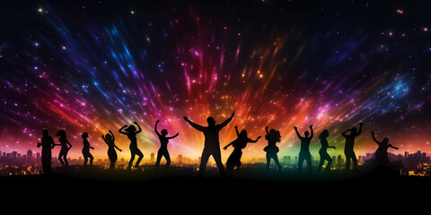 Fototapeta premium Silhouettes of a group of people dancing with neon lights and stars on dark background. Concept of fun and movement in the city. Feeling of excitement and joy in a vibrant and dynamic setting.