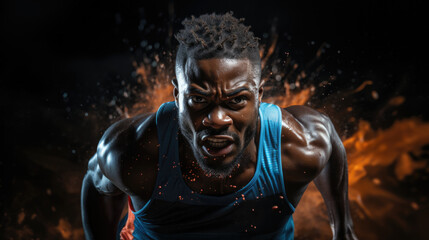 Fototapeta na wymiar A dark-skinned athlete runs forward against a dark background