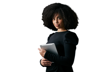 Tablet, portrait and professional African woman, designer or consultant with online info, digital data or vocation. Media management, job experience or agent isolated on transparent, png background