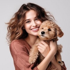 Portrait of a beautiful girl with a cute dog on a white background