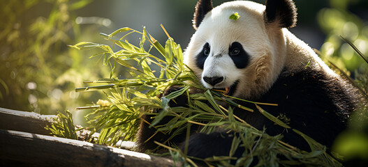 Panda eating bamboo on a tree branch A panda sitting on a rock munching on bamboo leaves A panda...