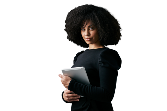 Tablet, portrait and professional African woman, designer or consultant with online info, digital data or vocation. Media management, job experience or agent isolated on transparent, png background