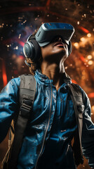 Enthralled young man in a blue jacket experiences virtual reality, VR headset on, against a dynamic backdrop of lights and sparks