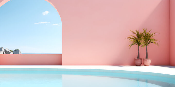 Pink wall botanical flowers plant architecture. Luxury cozy minimal vibe background 3d render summer scene product display pink interior  with sky and plant render on the ocean display podium on sand