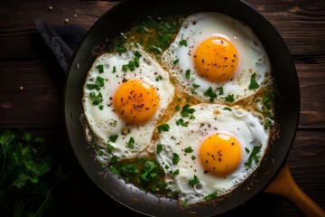 a macro photo of cooked fried eggs with seasoning and herbs on a black frying pan on a wooden table, dark and moody rustic atmosphere. Top view flat lay