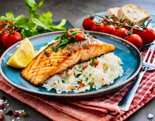 Grilled salmon and rice-french cuisine dish with tomato and salmon 