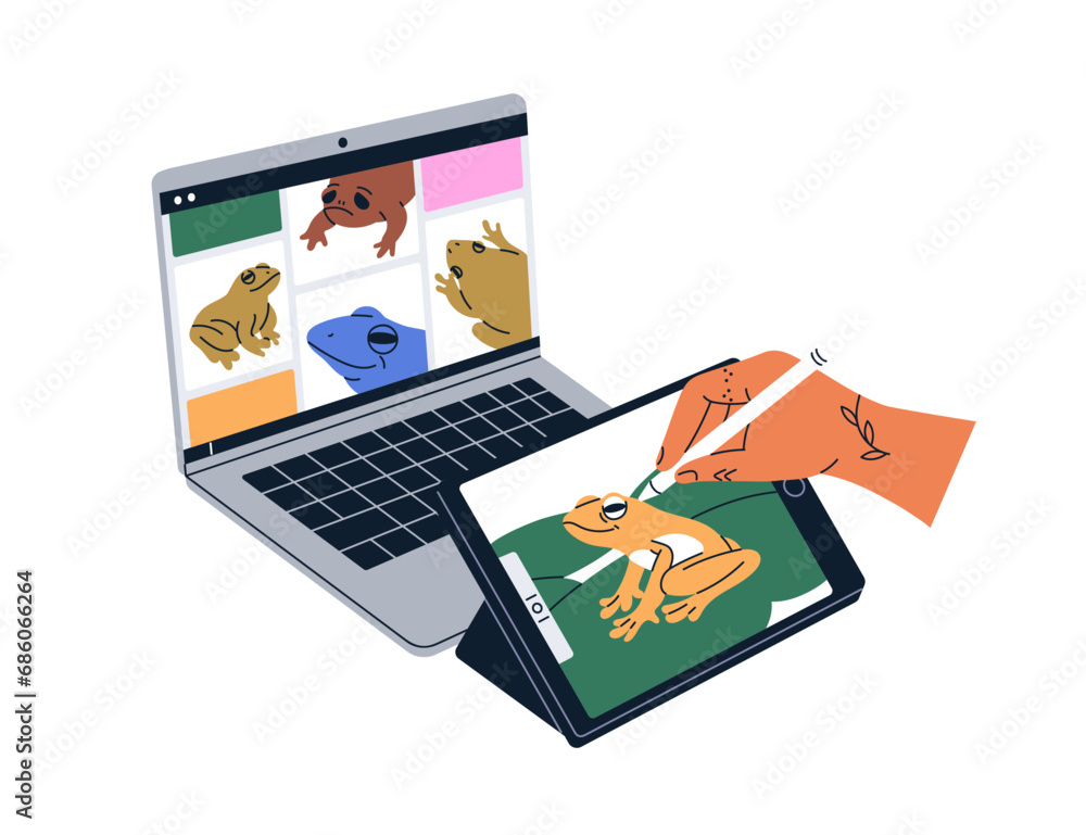 Aufkleber Digital artist drawing on electronic tablet PC. Hand creating picture using pad. Creative illustrator working with references on laptop computer. Flat vector illustration isolated on white background