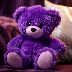 A close-up of a plush purple teddy bear embracing an enchanting purple heart, symbolizing love and wonder