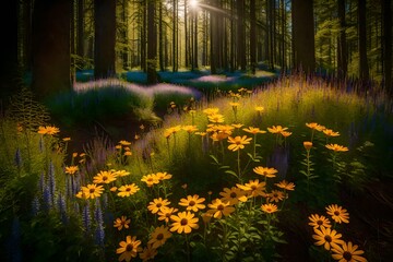 A cluster of wildflowers in full bloom, adding pops of color to the forest landscape.