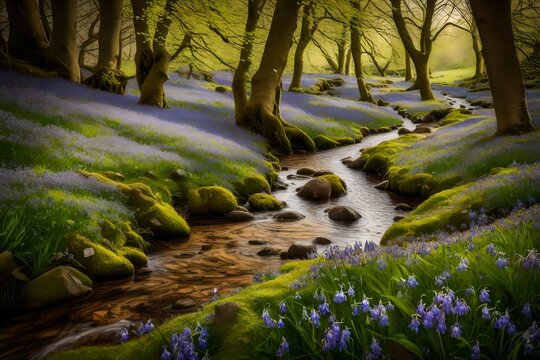 A babbling brook winding its way through a carpet of bluebells, creating a harmonious blend of water and wildflowers.