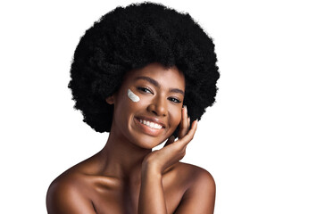 Skincare, beauty and black woman with cream on face with smile, afro and luxury cosmetics....
