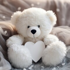 A close-up of a plush white teddy bear holding a pristine heart, symbolizing innocence and love