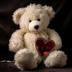 A close-up of a plush white teddy bear holding a pristine heart, symbolizing innocence and love